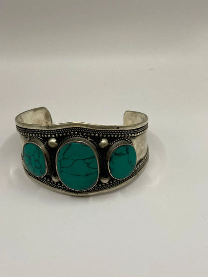 Antique Handmade Afghan Turquoise Bracelet - Vintage 3-Stone Jewellery, Turquoise Gemstones, Unique Artisan, Bohemian Style Gift"