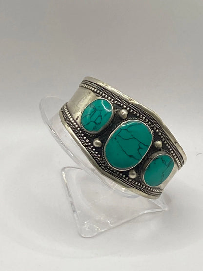 Antique Handmade Afghan Turquoise Bracelet - Vintage 3-Stone Jewellery, Turquoise Gemstones, Unique Artisan, Bohemian Style Gift"